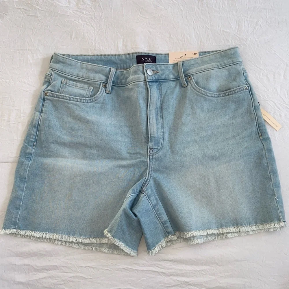NYDJ High Rise Frayed Hem Blue Denim Shorts size 14p